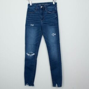 American Eagle Super Hi-Rise Skinny Jeans Womens 2 Blue Distressed Frayed Hem